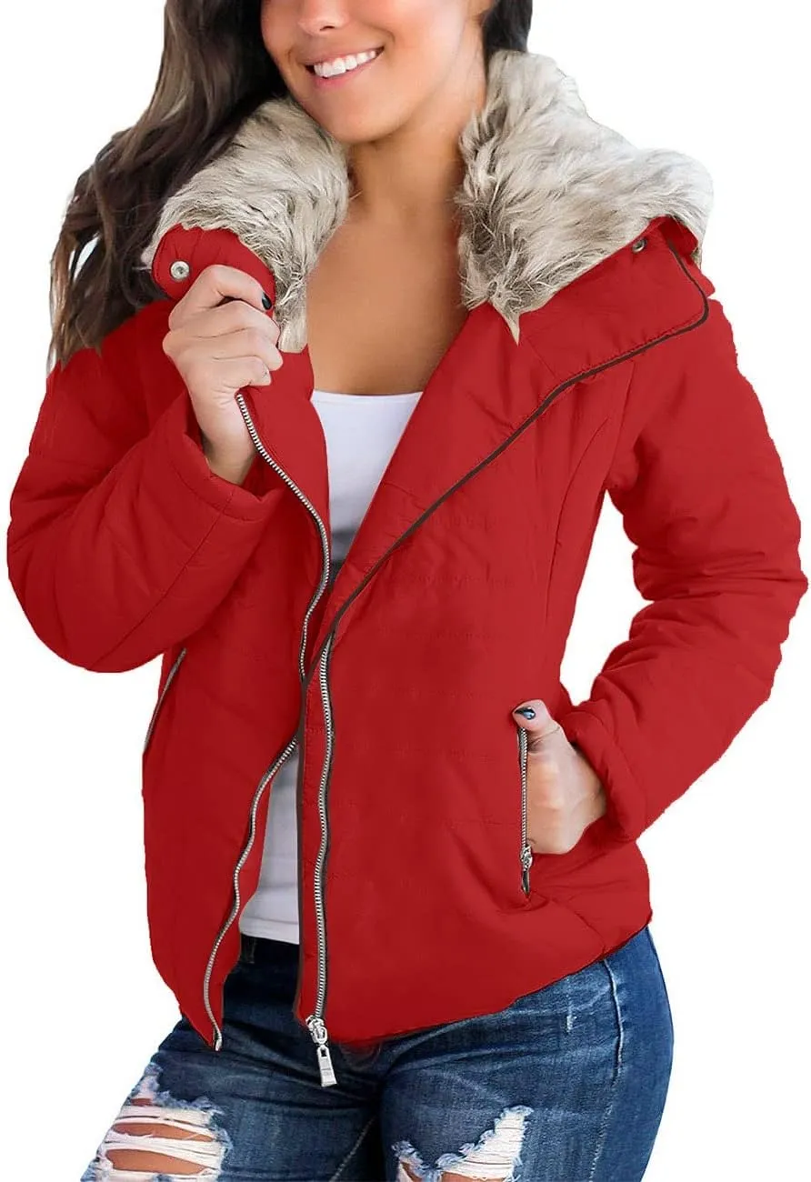 Vetinee Women Casual Faux Fur Lapel Zip Pockets Quilted Parka Jacket Puffer Coat