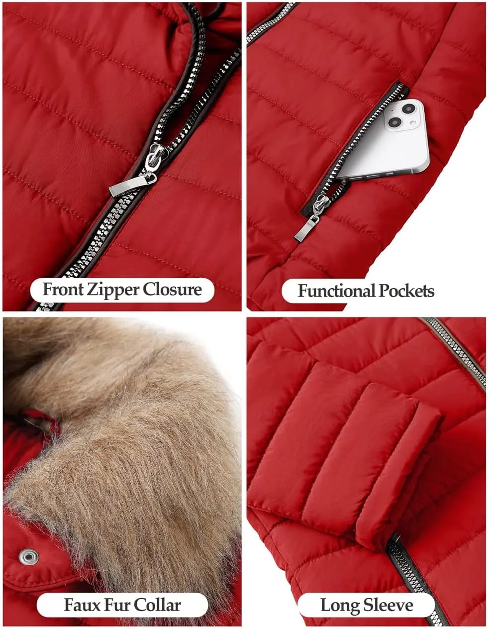 Vetinee Women Casual Faux Fur Lapel Zip Pockets Quilted Parka Jacket Puffer Coat