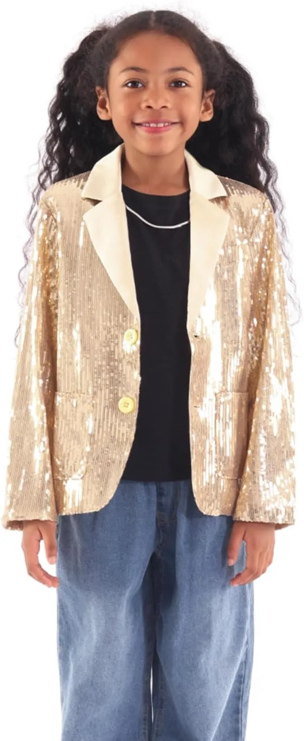 WELAKEN Girls Sequin Blazers Jacket Long Sleeve Notched Lapel Button Down Suit Coat with Pockets