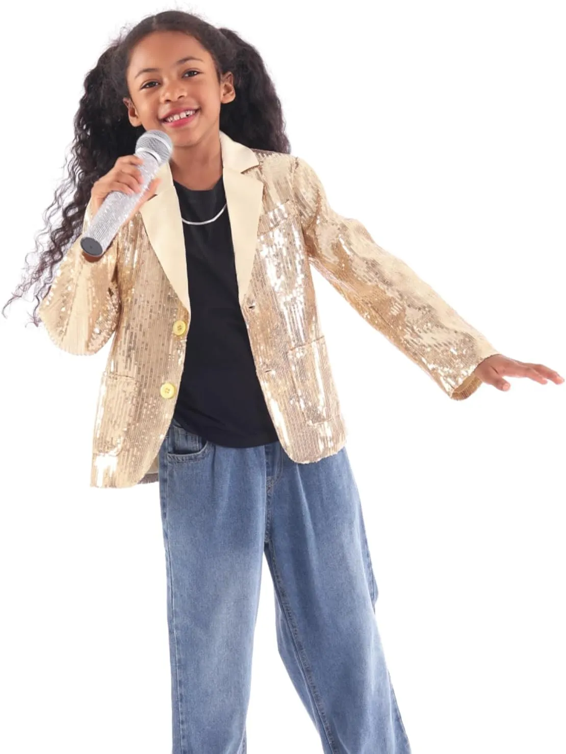 WELAKEN Girls Sequin Blazers Jacket Long Sleeve Notched Lapel Button Down Suit Coat with Pockets
