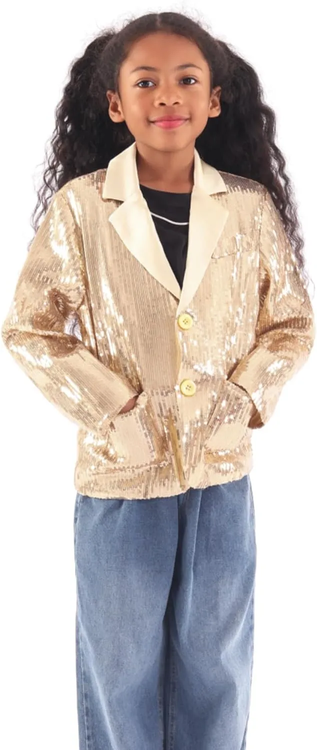 WELAKEN Girls Sequin Blazers Jacket Long Sleeve Notched Lapel Button Down Suit Coat with Pockets