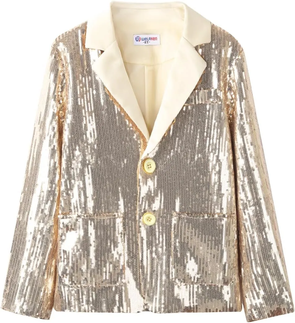 WELAKEN Girls Sequin Blazers Jacket Long Sleeve Notched Lapel Button Down Suit Coat with Pockets