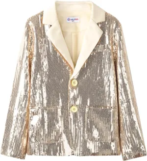 WELAKEN Girls Sequin Blazers Jacket Long Sleeve Notched Lapel Button Down Suit Coat with Pockets