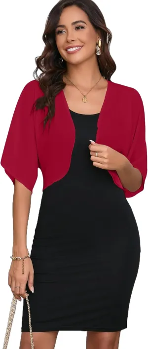 Women Bolero Shrug Chiffon Open Front 3/4 Sleeve Cropped Cardigan Lightweight Sheer Tops for Dress