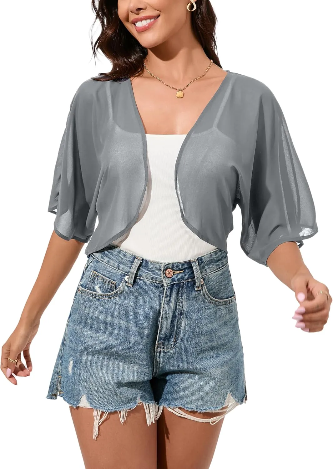 Women Bolero Shrug Chiffon Open Front 3/4 Sleeve Cropped Cardigan Lightweight Sheer Tops for Dress
