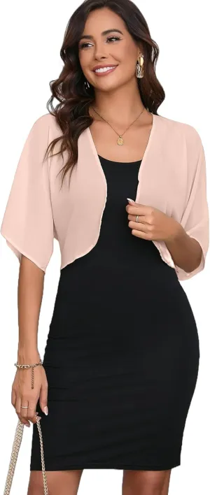 Women Bolero Shrug Chiffon Open Front 3/4 Sleeve Cropped Cardigan Lightweight Sheer Tops for Dress