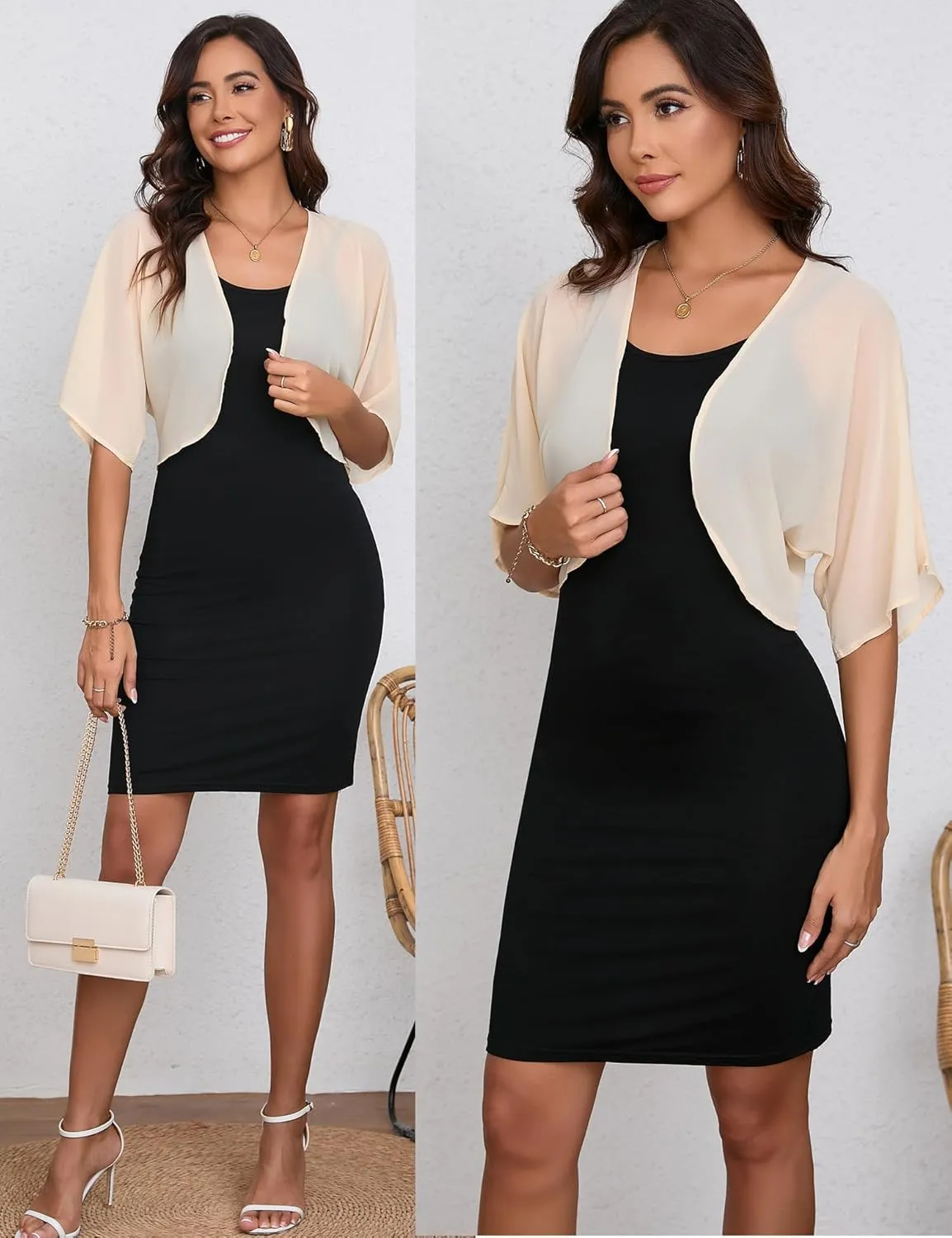 Women Bolero Shrug Chiffon Open Front 3/4 Sleeve Cropped Cardigan Lightweight Sheer Tops for Dress