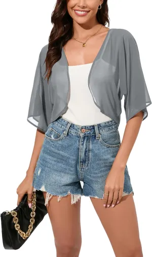 Women Bolero Shrug Chiffon Open Front 3/4 Sleeve Cropped Cardigan Lightweight Sheer Tops for Dress