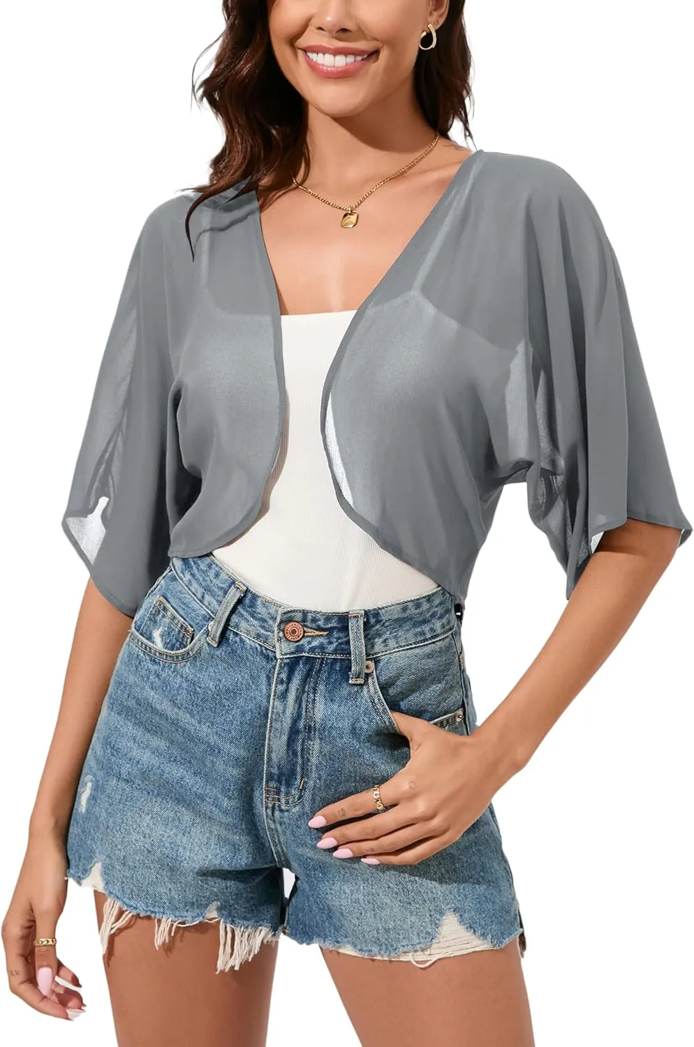 Women Bolero Shrug Chiffon Open Front 3/4 Sleeve Cropped Cardigan Lightweight Sheer Tops for Dress