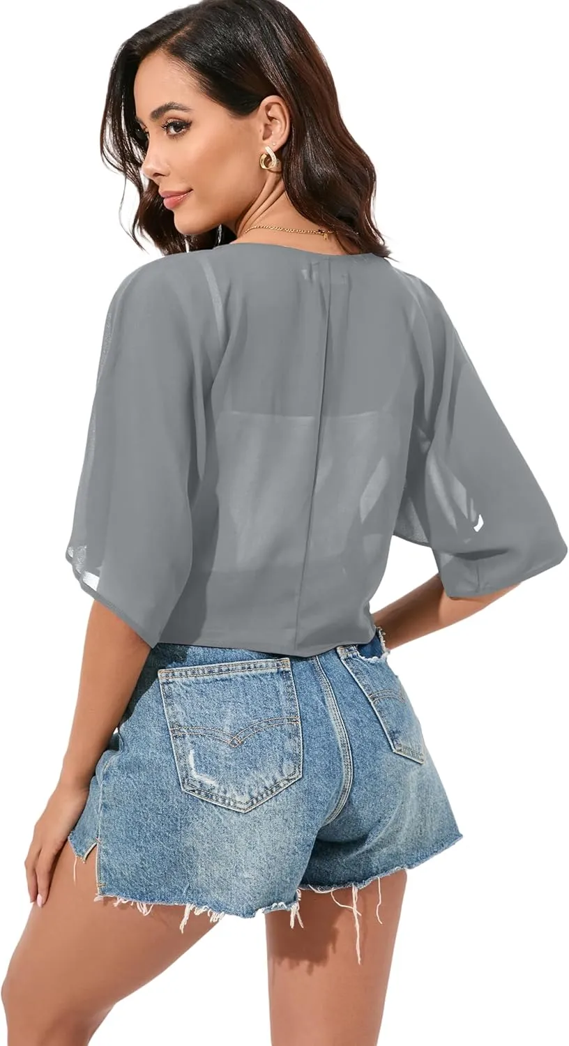 Women Bolero Shrug Chiffon Open Front 3/4 Sleeve Cropped Cardigan Lightweight Sheer Tops for Dress