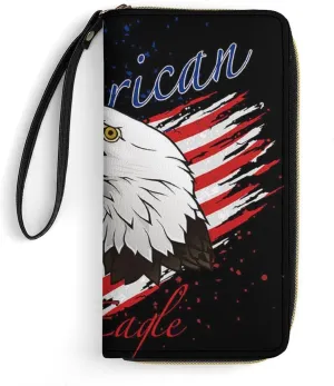 Women's American Flag USA Cool Bald Eagle Pattern PU Leather Clutch with Wristlet, 7.8x4.1x1.4 Inch Compact Wallet for Daily Essentials, Fashionable and Functional Design