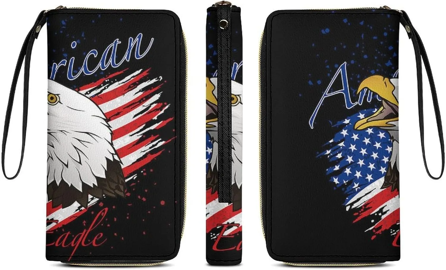 Women's American Flag USA Cool Bald Eagle Pattern PU Leather Clutch with Wristlet, 7.8x4.1x1.4 Inch Compact Wallet for Daily Essentials, Fashionable and Functional Design