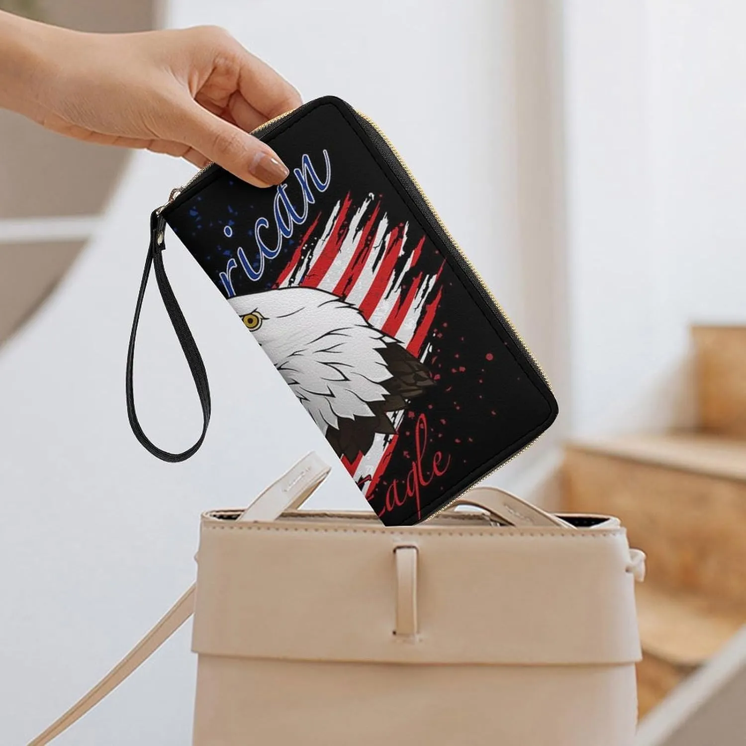 Women's American Flag USA Cool Bald Eagle Pattern PU Leather Clutch with Wristlet, 7.8x4.1x1.4 Inch Compact Wallet for Daily Essentials, Fashionable and Functional Design