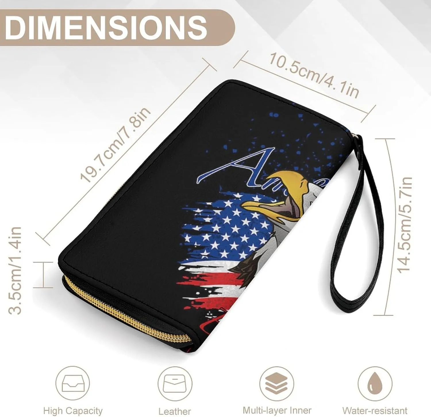 Women's American Flag USA Cool Bald Eagle Pattern PU Leather Clutch with Wristlet, 7.8x4.1x1.4 Inch Compact Wallet for Daily Essentials, Fashionable and Functional Design