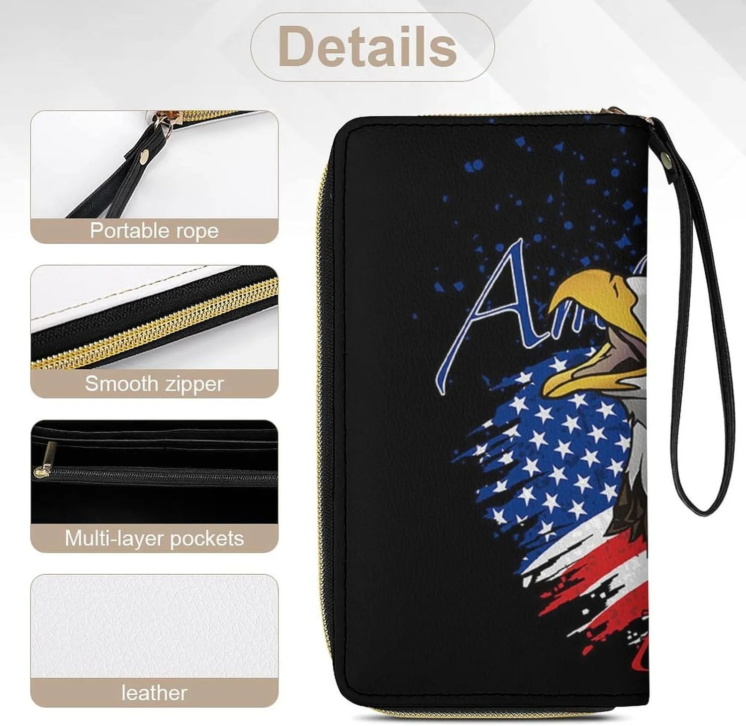 Women's American Flag USA Cool Bald Eagle Pattern PU Leather Clutch with Wristlet, 7.8x4.1x1.4 Inch Compact Wallet for Daily Essentials, Fashionable and Functional Design