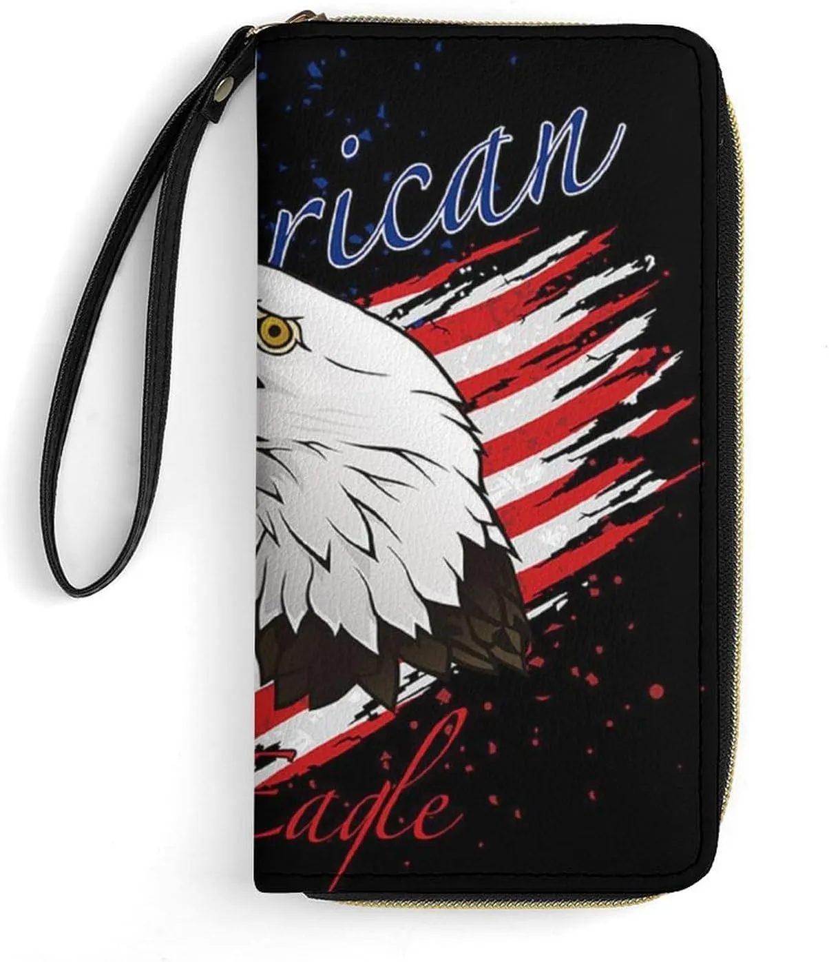 Women's American Flag USA Cool Bald Eagle Pattern PU Leather Clutch with Wristlet, 7.8x4.1x1.4 Inch Compact Wallet for Daily Essentials, Fashionable and Functional Design