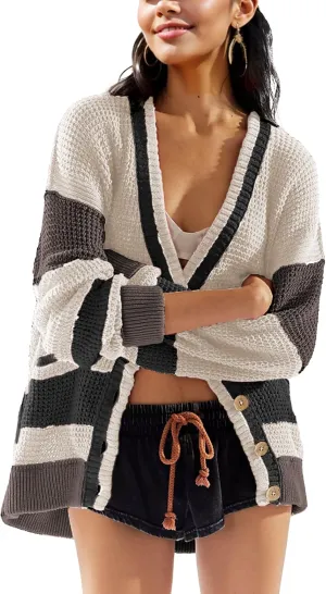Womens Button Down Cardigan Sweaters Long Sleeve V Neck Knit Tops with Pockets