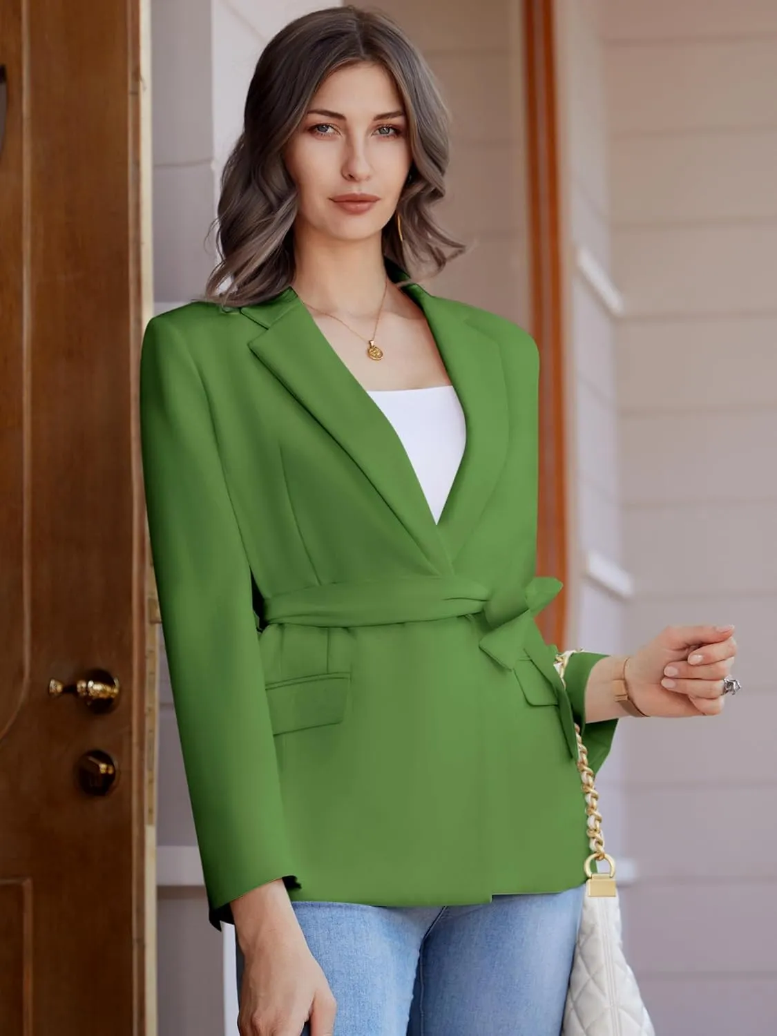 Womens Casual Blazers Long Sleeve Open Front Suit Wrap-Belted Work Office Blazers Jacket with Pockets