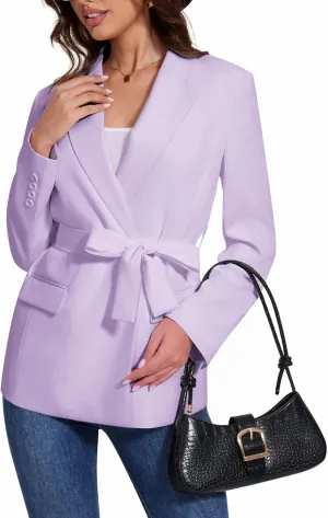Womens Casual Blazers Long Sleeve Open Front Suit Wrap-Belted Work Office Blazers Jacket with Pockets