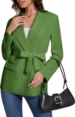 Womens Casual Blazers Long Sleeve Open Front Suit Wrap-Belted Work Office Blazers Jacket with Pockets