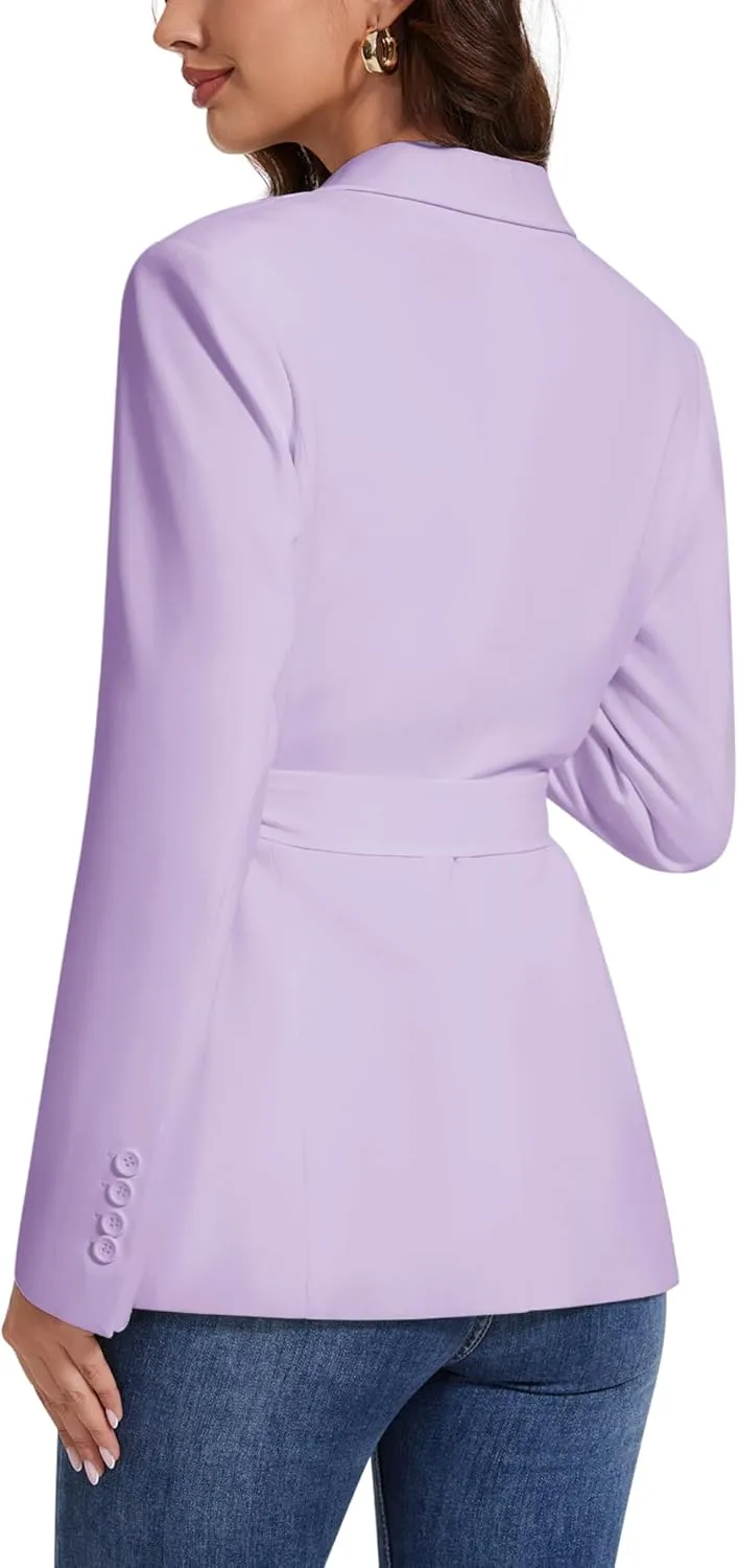 Womens Casual Blazers Long Sleeve Open Front Suit Wrap-Belted Work Office Blazers Jacket with Pockets
