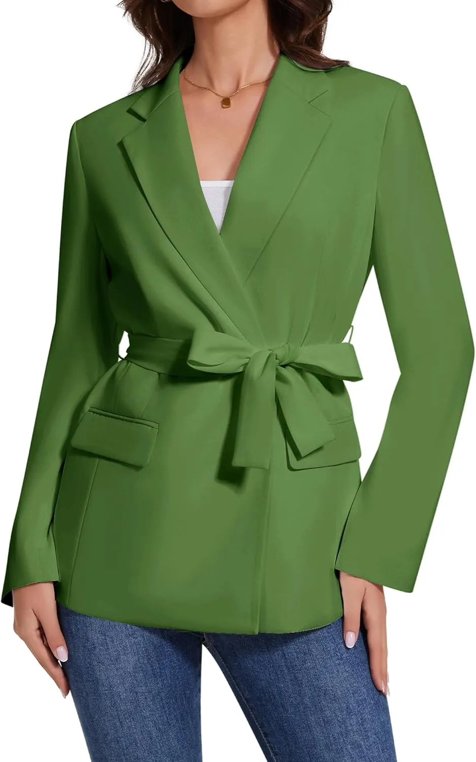 Womens Casual Blazers Long Sleeve Open Front Suit Wrap-Belted Work Office Blazers Jacket with Pockets