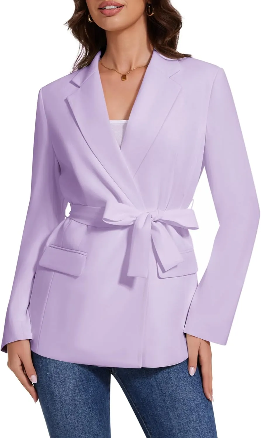 Womens Casual Blazers Long Sleeve Open Front Suit Wrap-Belted Work Office Blazers Jacket with Pockets