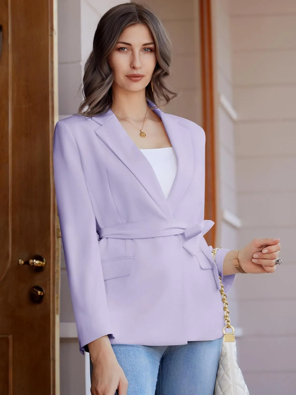 Womens Casual Blazers Long Sleeve Open Front Suit Wrap-Belted Work Office Blazers Jacket with Pockets