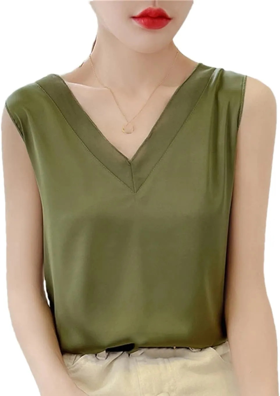 Womens Casual Silk Satin Camisole Top Summer V-Neck Thin Sleeveless Bottoming T-Shirt Vest