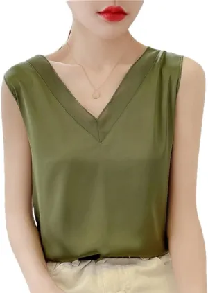 Womens Casual Silk Satin Camisole Top Summer V-Neck Thin Sleeveless Bottoming T-Shirt Vest