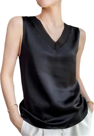 Womens Casual Silk Satin Camisole Top Summer V-Neck Thin Sleeveless Bottoming T-Shirt Vest