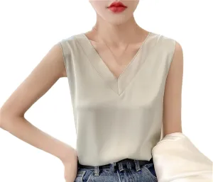 Womens Casual Silk Satin Camisole Top Summer V-Neck Thin Sleeveless Bottoming T-Shirt Vest