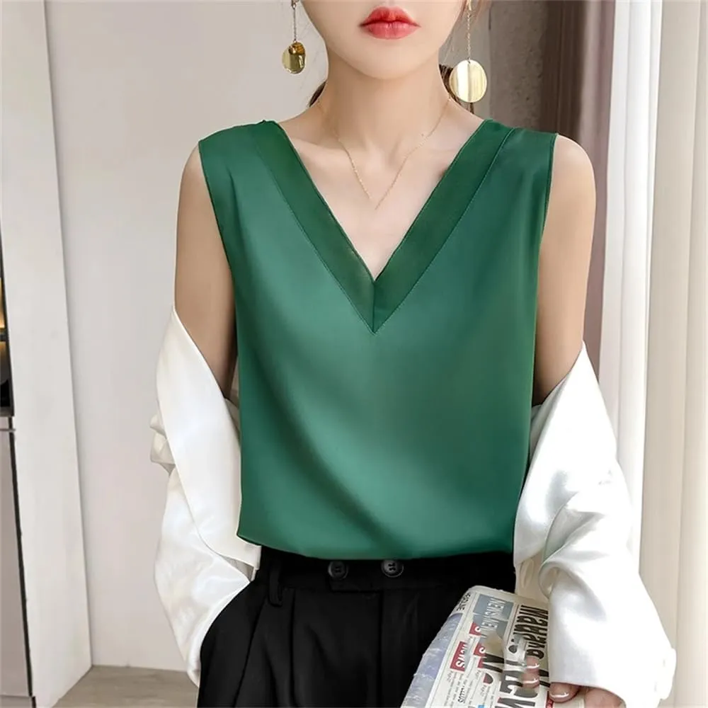 Womens Casual Silk Satin Camisole Top Summer V-Neck Thin Sleeveless Bottoming T-Shirt Vest