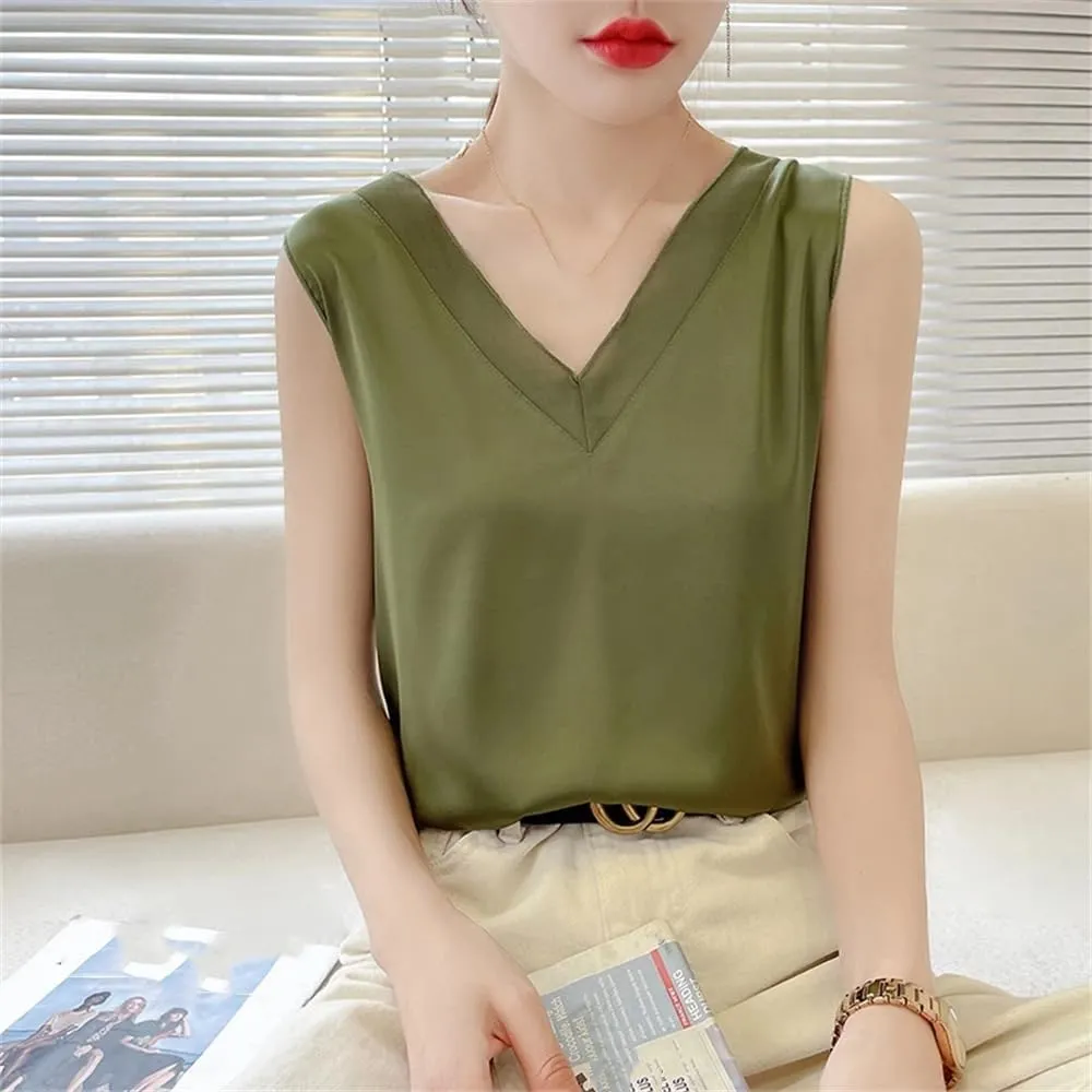 Womens Casual Silk Satin Camisole Top Summer V-Neck Thin Sleeveless Bottoming T-Shirt Vest