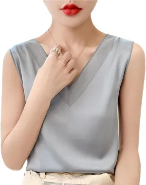 Womens Casual Silk Satin Camisole Top Summer V-Neck Thin Sleeveless Bottoming T-Shirt Vest