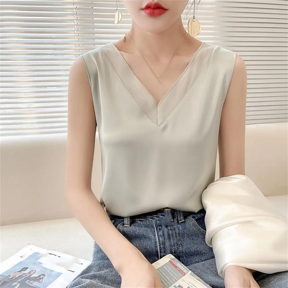Womens Casual Silk Satin Camisole Top Summer V-Neck Thin Sleeveless Bottoming T-Shirt Vest
