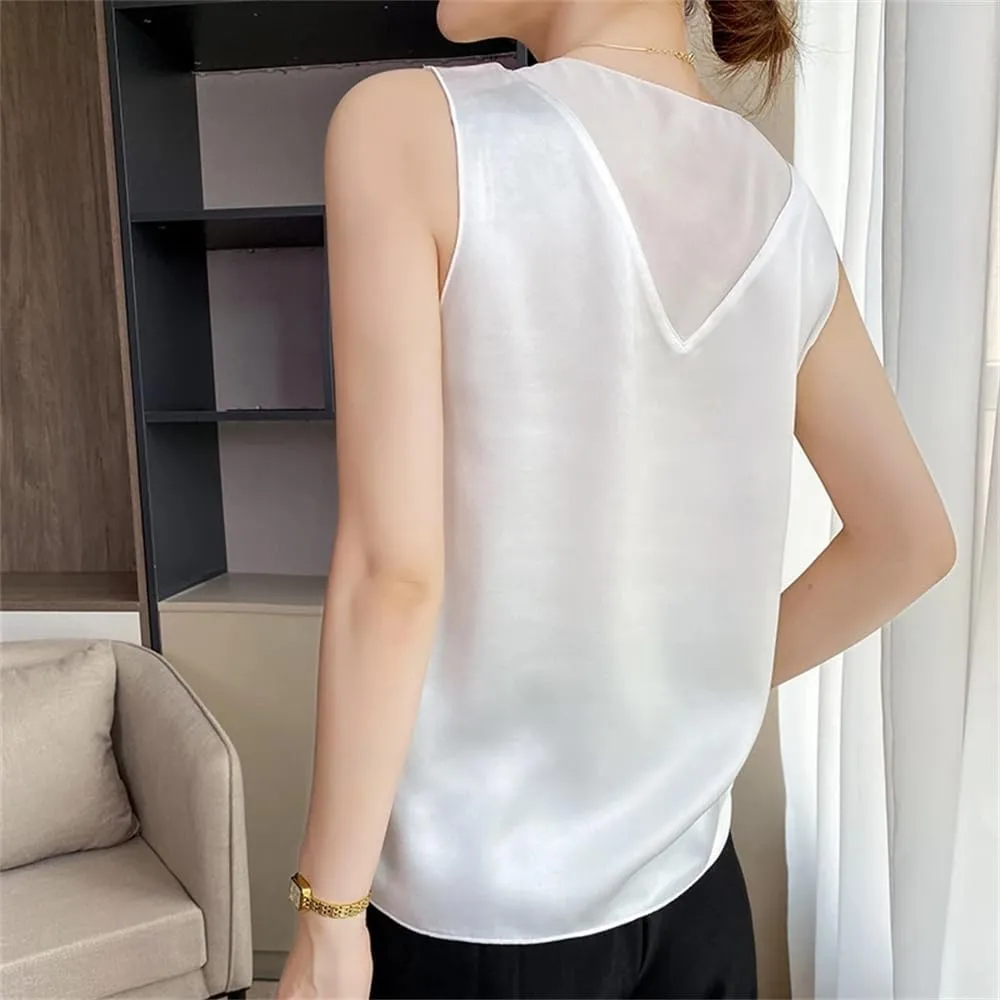 Womens Casual Silk Satin Camisole Top Summer V-Neck Thin Sleeveless Bottoming T-Shirt Vest