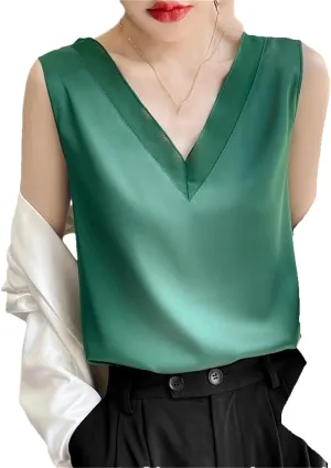 Womens Casual Silk Satin Camisole Top Summer V-Neck Thin Sleeveless Bottoming T-Shirt Vest