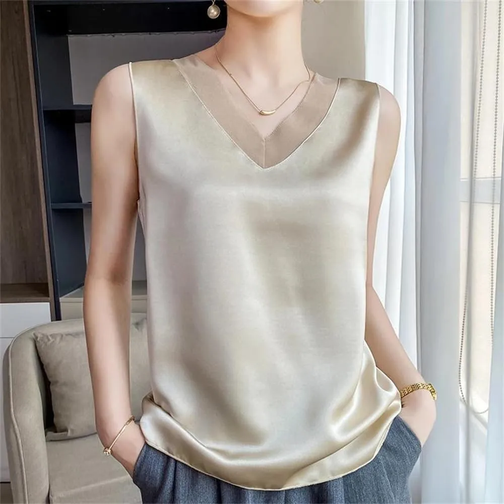 Womens Casual Silk Satin Camisole Top Summer V-Neck Thin Sleeveless Bottoming T-Shirt Vest
