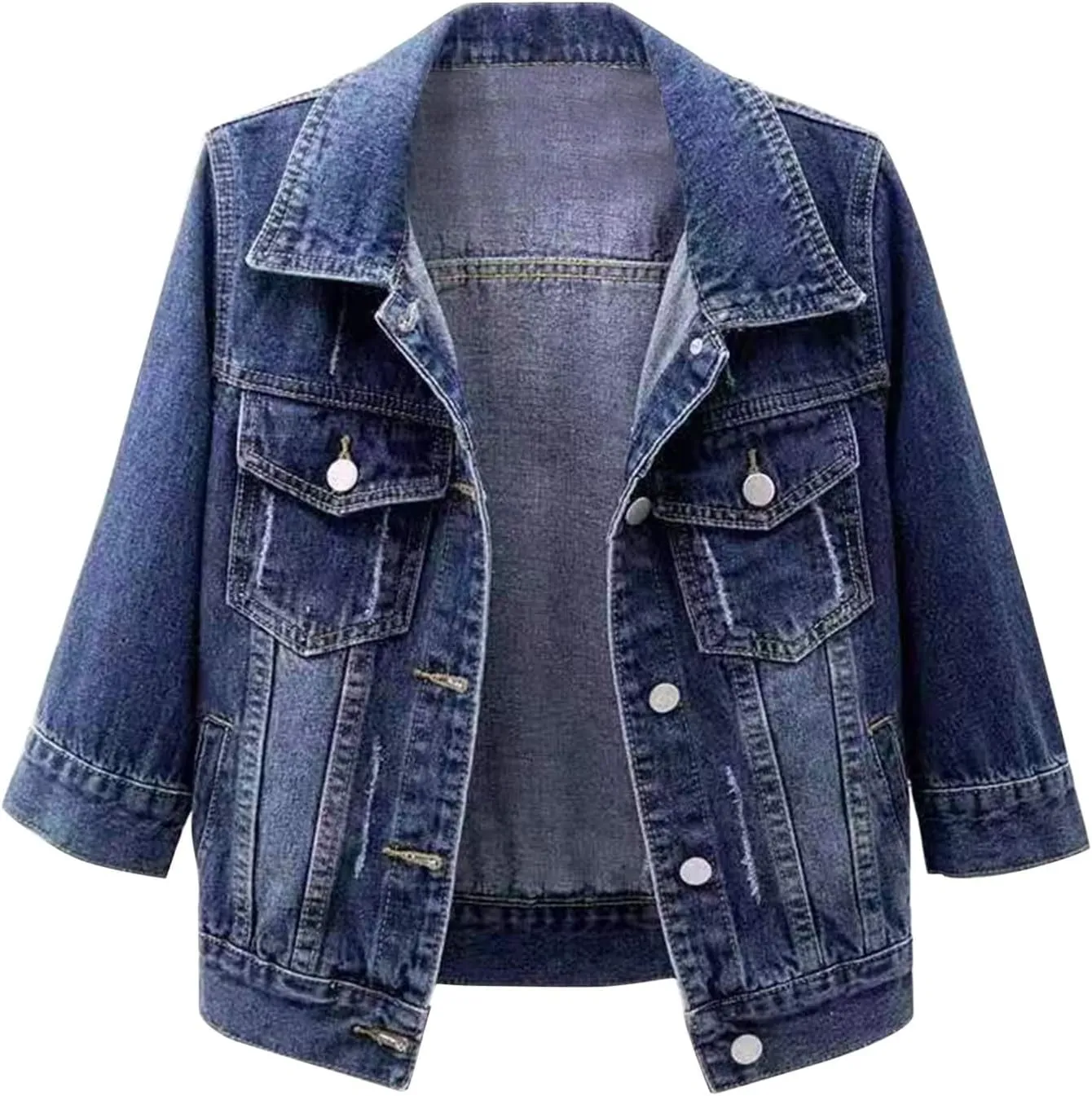 Womens Cropped Denim Jacket 3/4 Sleeve Plus Size Jean Jacket Lightweight Retro Coats