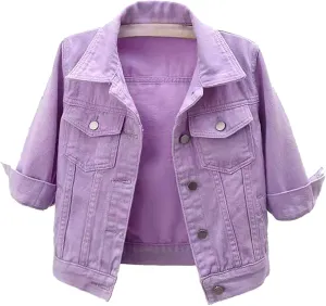Womens Cropped Denim Jacket 3/4 Sleeve Plus Size Jean Jacket Lightweight Retro Coats