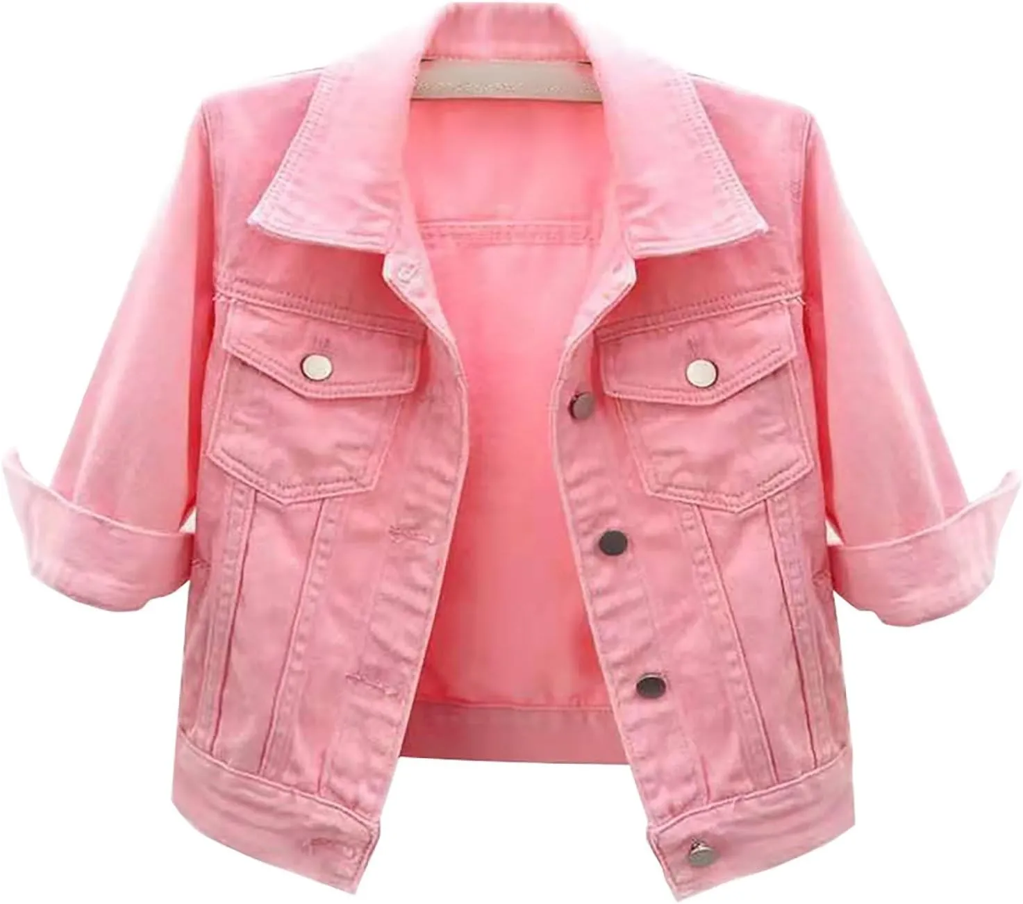 Womens Cropped Denim Jacket 3/4 Sleeve Plus Size Jean Jacket Lightweight Retro Coats