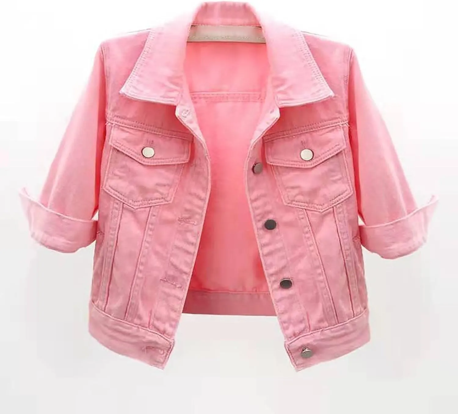 Womens Cropped Denim Jacket 3/4 Sleeve Plus Size Jean Jacket Lightweight Retro Coats