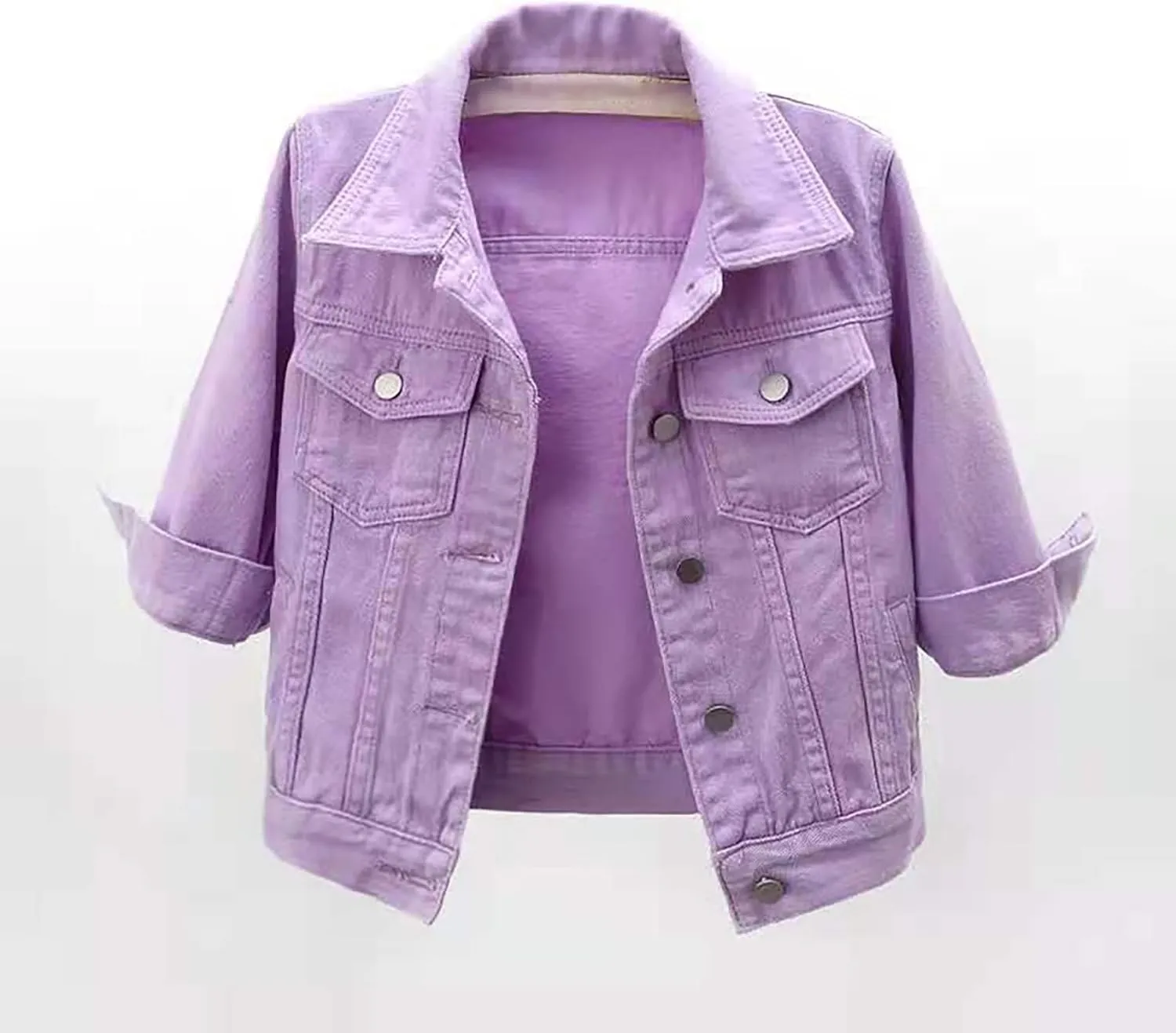 Womens Cropped Denim Jacket 3/4 Sleeve Plus Size Jean Jacket Lightweight Retro Coats