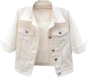 Womens Cropped Denim Jacket 3/4 Sleeve Plus Size Jean Jacket Lightweight Retro Coats