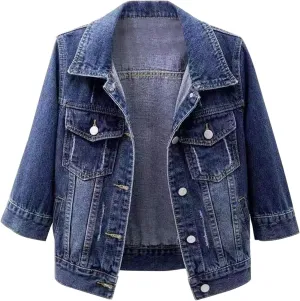 Womens Cropped Denim Jacket 3/4 Sleeve Plus Size Jean Jacket Lightweight Retro Coats