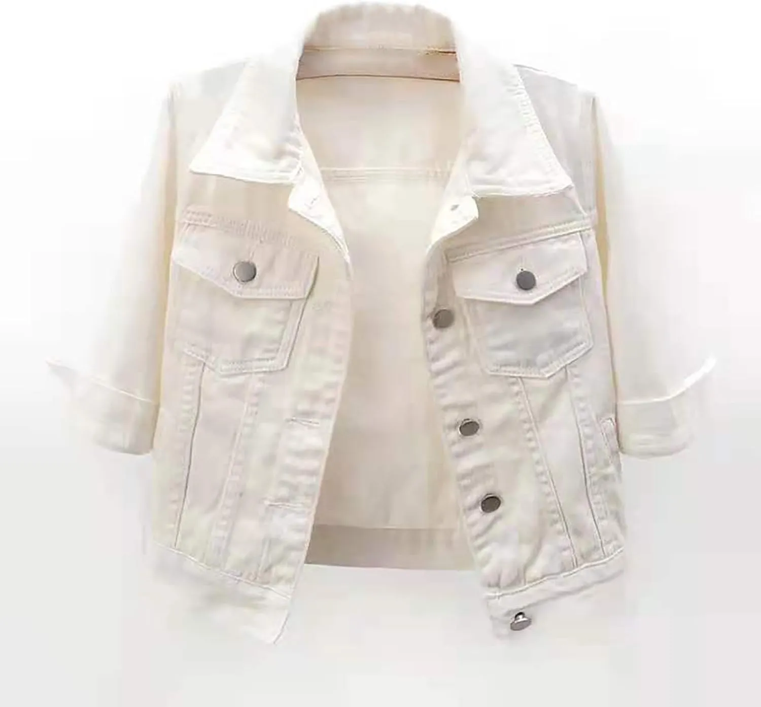 Womens Cropped Denim Jacket 3/4 Sleeve Plus Size Jean Jacket Lightweight Retro Coats