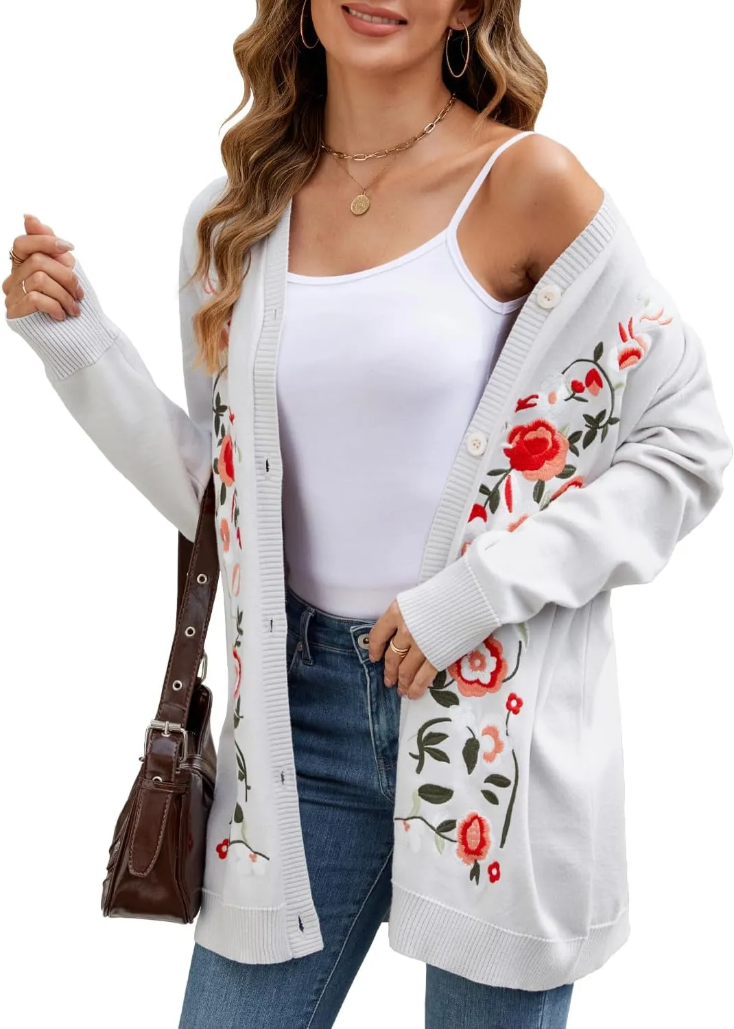 Women's Oversized Open Front Cardigan Sweaters Embroidery Fashion Button Down Knit Outwear Coats with Pockets