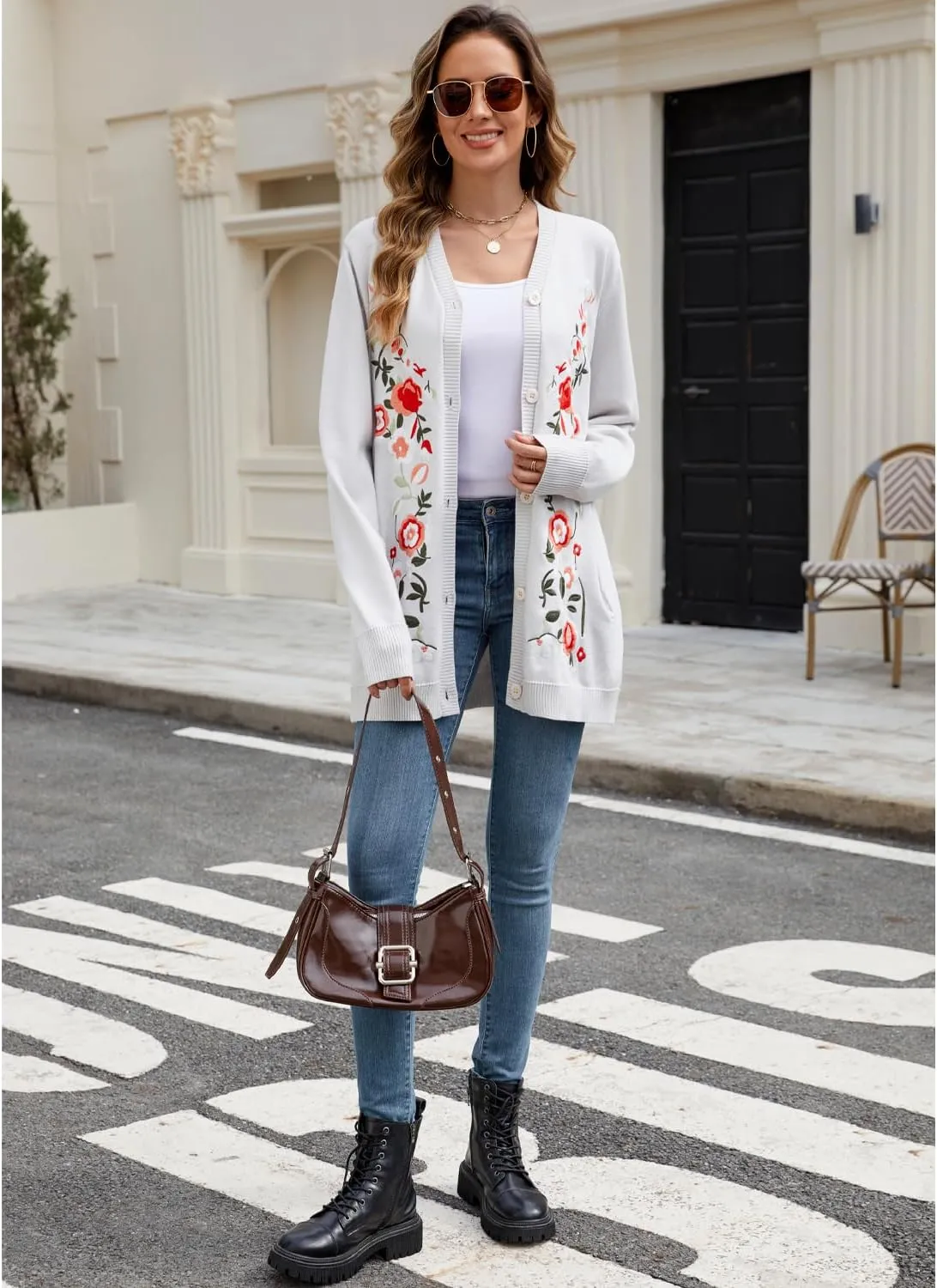 Women's Oversized Open Front Cardigan Sweaters Embroidery Fashion Button Down Knit Outwear Coats with Pockets