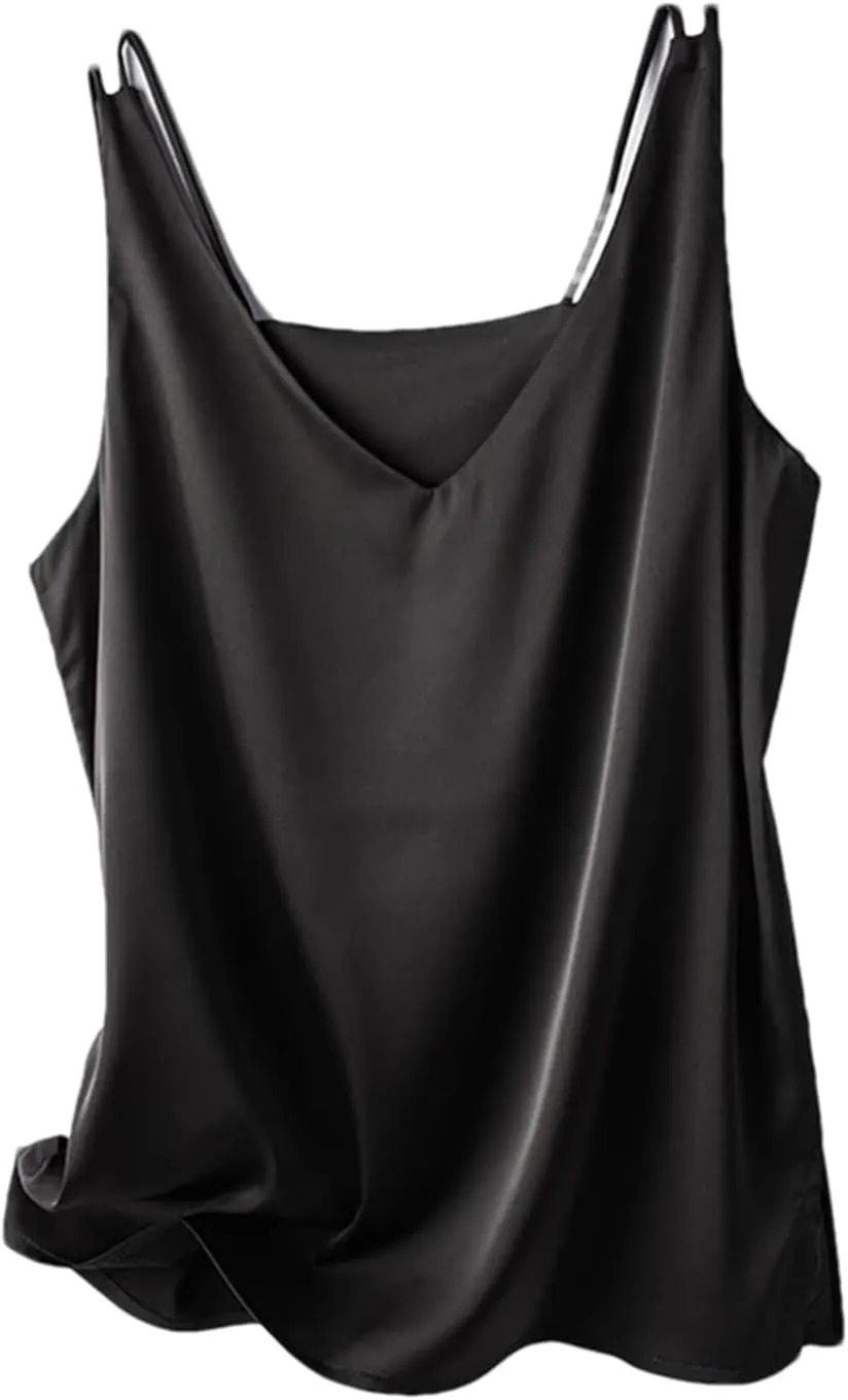 Women's Summer Silk Satin V-Neck Solid Tank Tops Loose Sleeveless Soft Thin Camisole Vest